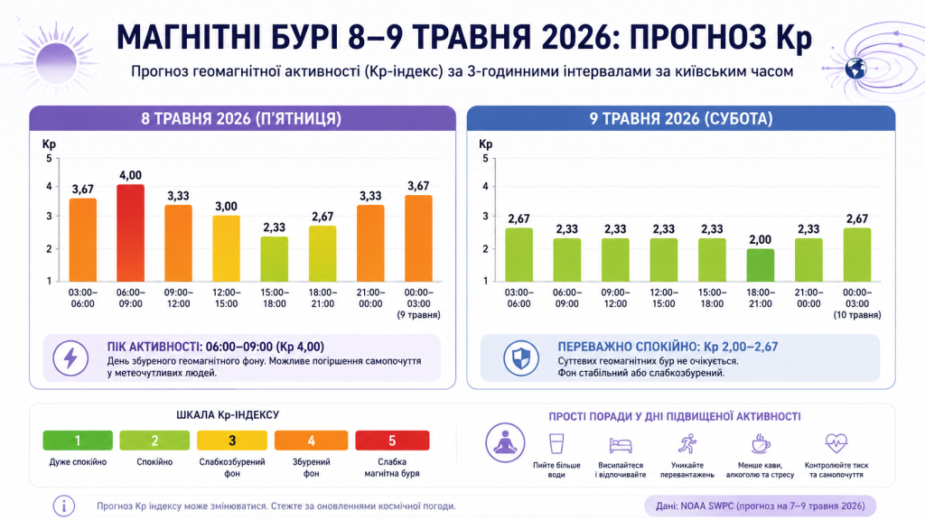 Геомагнітна активність 8 і 9 травня: точний прогноз по годинах для України