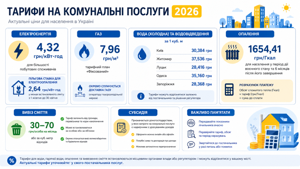 Тарифи на комунальні послуги 2026: актуальні ціни на газ, воду, електрику та опалення