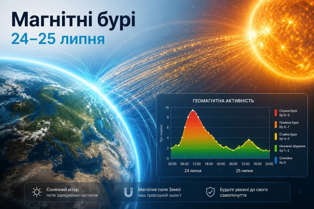 Магнітні бурі 24–25 липня 2026: свіжий прогноз індексу Kp та пікові години