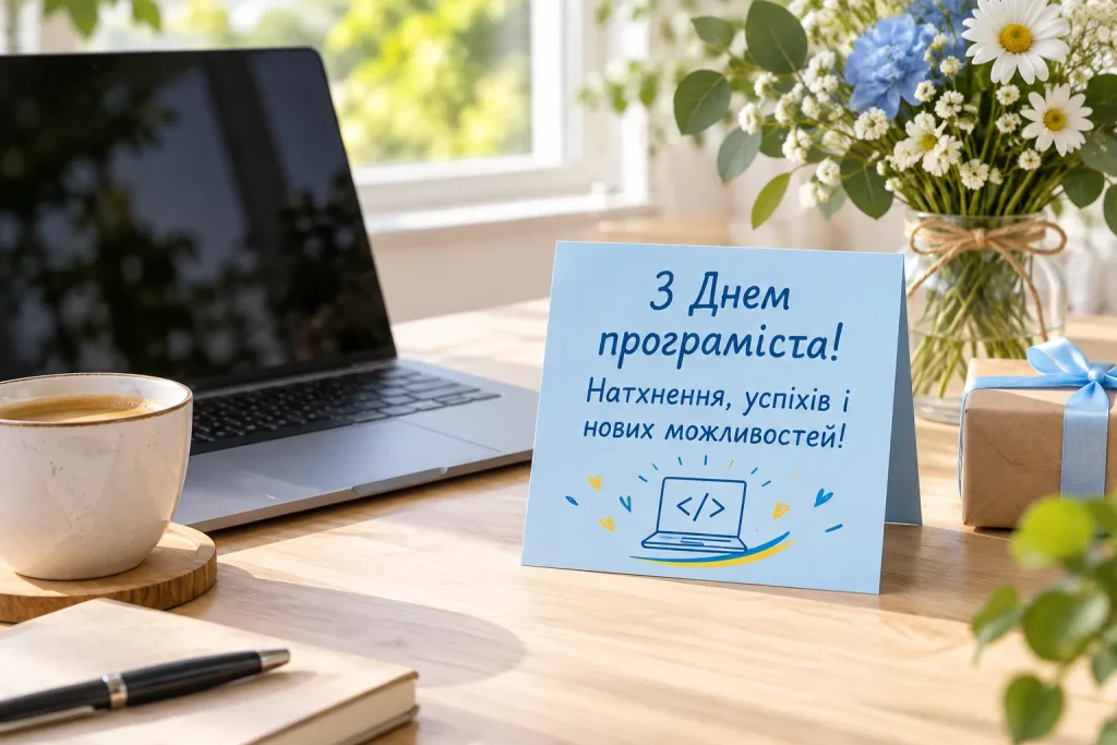  Святкова листівка до Дня програміста з коротким українським привітанням.