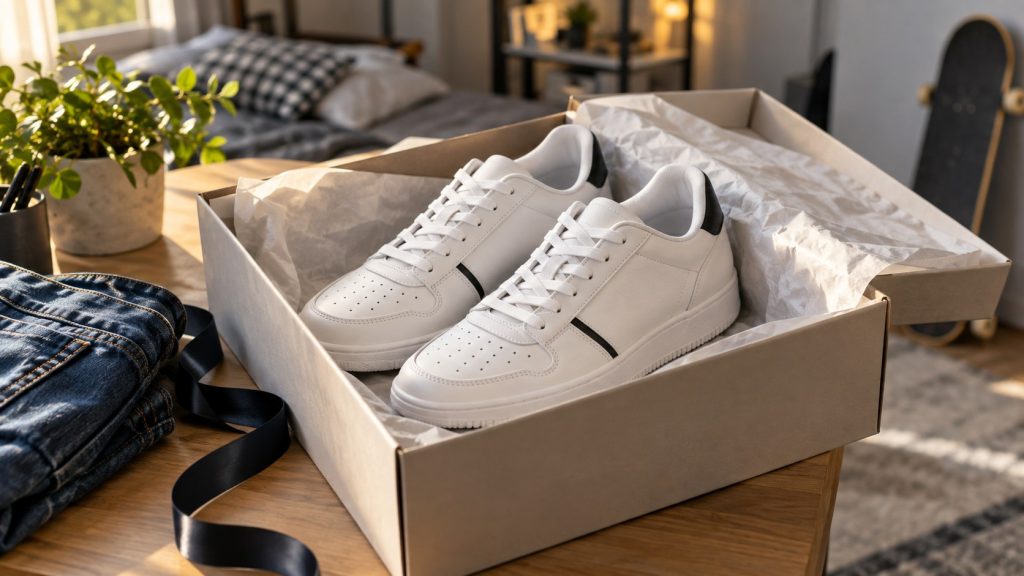 Які кросівки Nike купити підлітку на день народження, щоб у класі помітили Білі кросівки в подарунковій коробці на столі в кімнаті підлітка